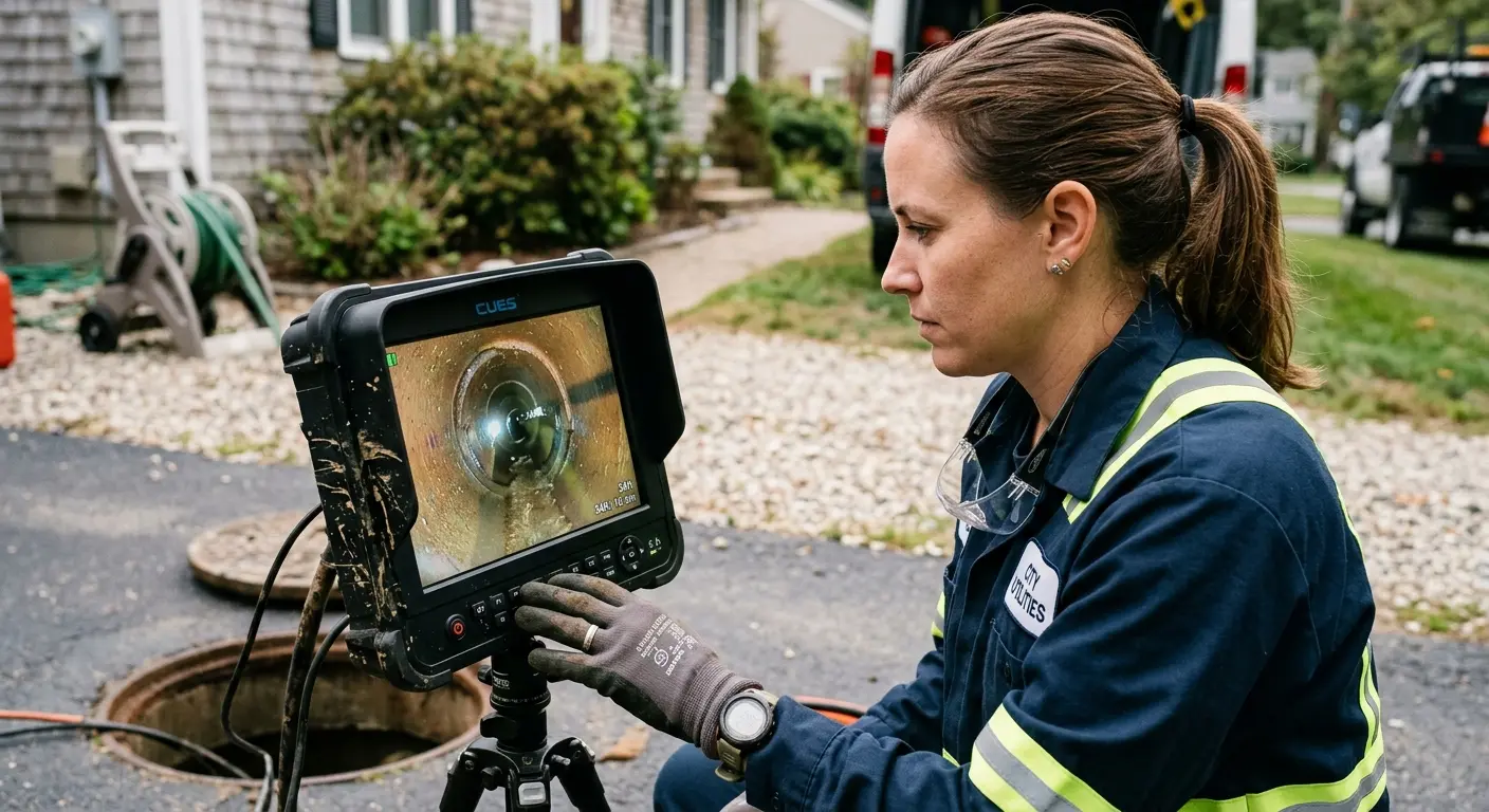 Technician reviewing sewer camera inspection footage in Anniston