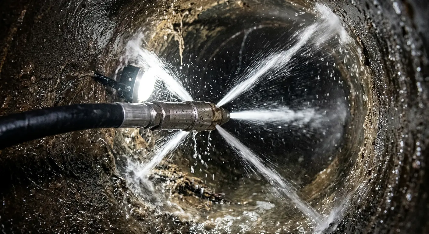 High-pressure hydro jetting nozzle cleaning sewer pipe for Trenchless Sewer Repair in Anniston