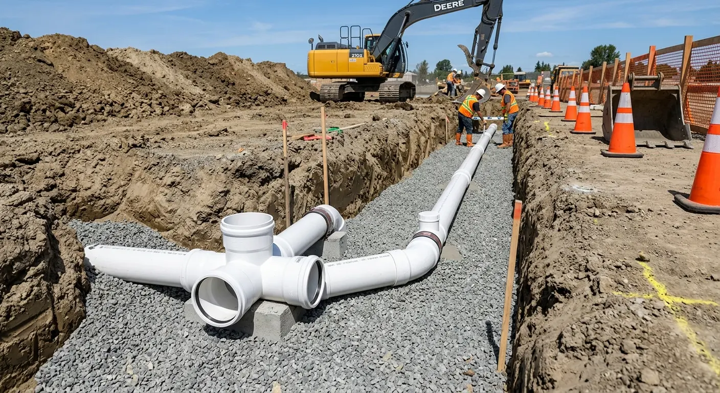 New PVC sewer pipe installation in open trench for Sewer Backup in Anniston