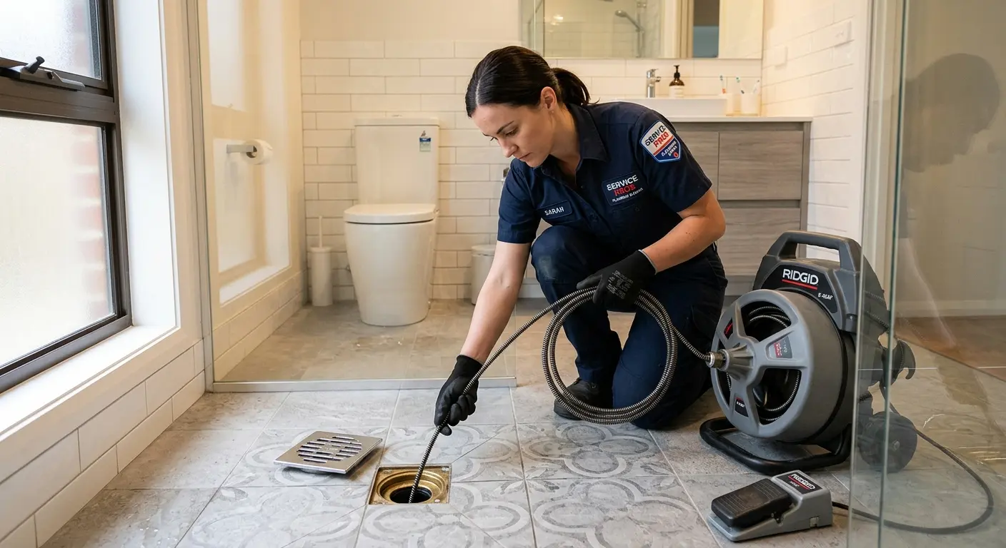 Technician clearing a bathroom floor drain for Sewer Line Installation in Anniston